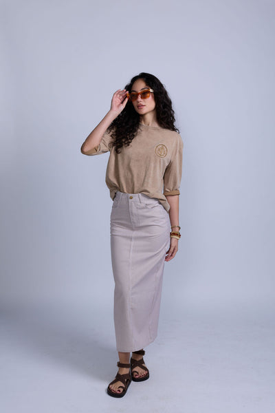 Tan Pinstripe Denim Skirt