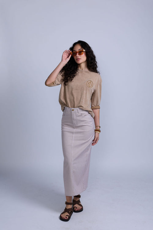 Tan Pinstripe Denim Skirt - Tan