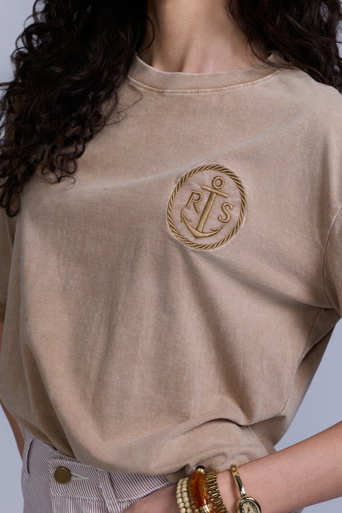 Anchor Crest Oversized Tee - Tan Denim Wash