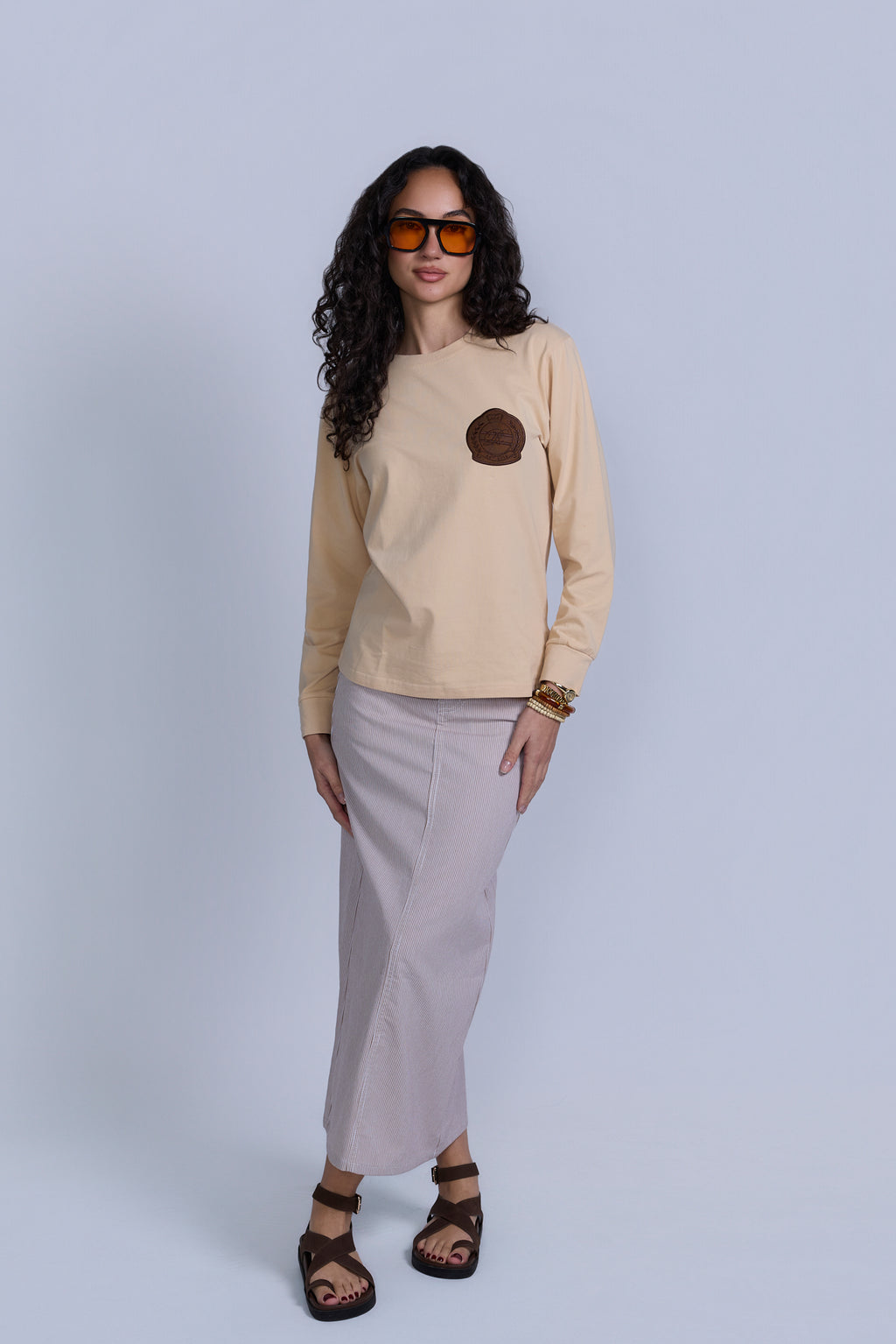 Tan Pinstripe Denim Skirt