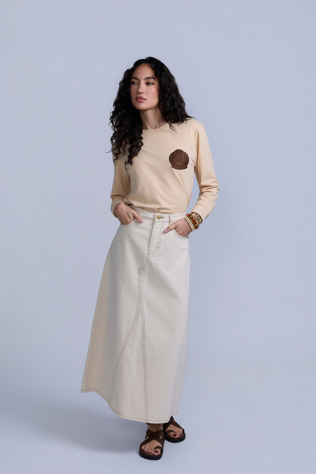 Tan Flared Denim Skirt