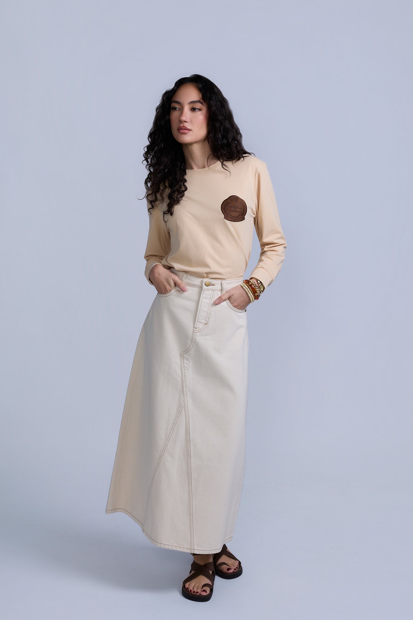 Tan Flared Denim Skirt