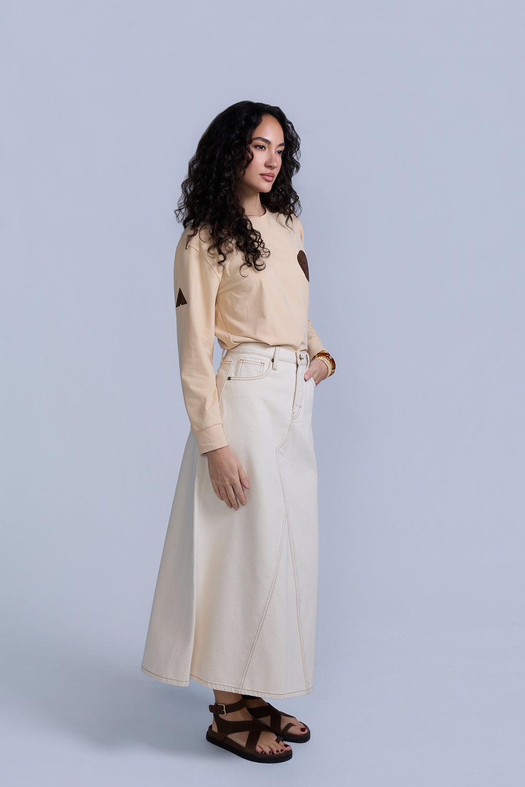 Tan Flared Denim Skirt