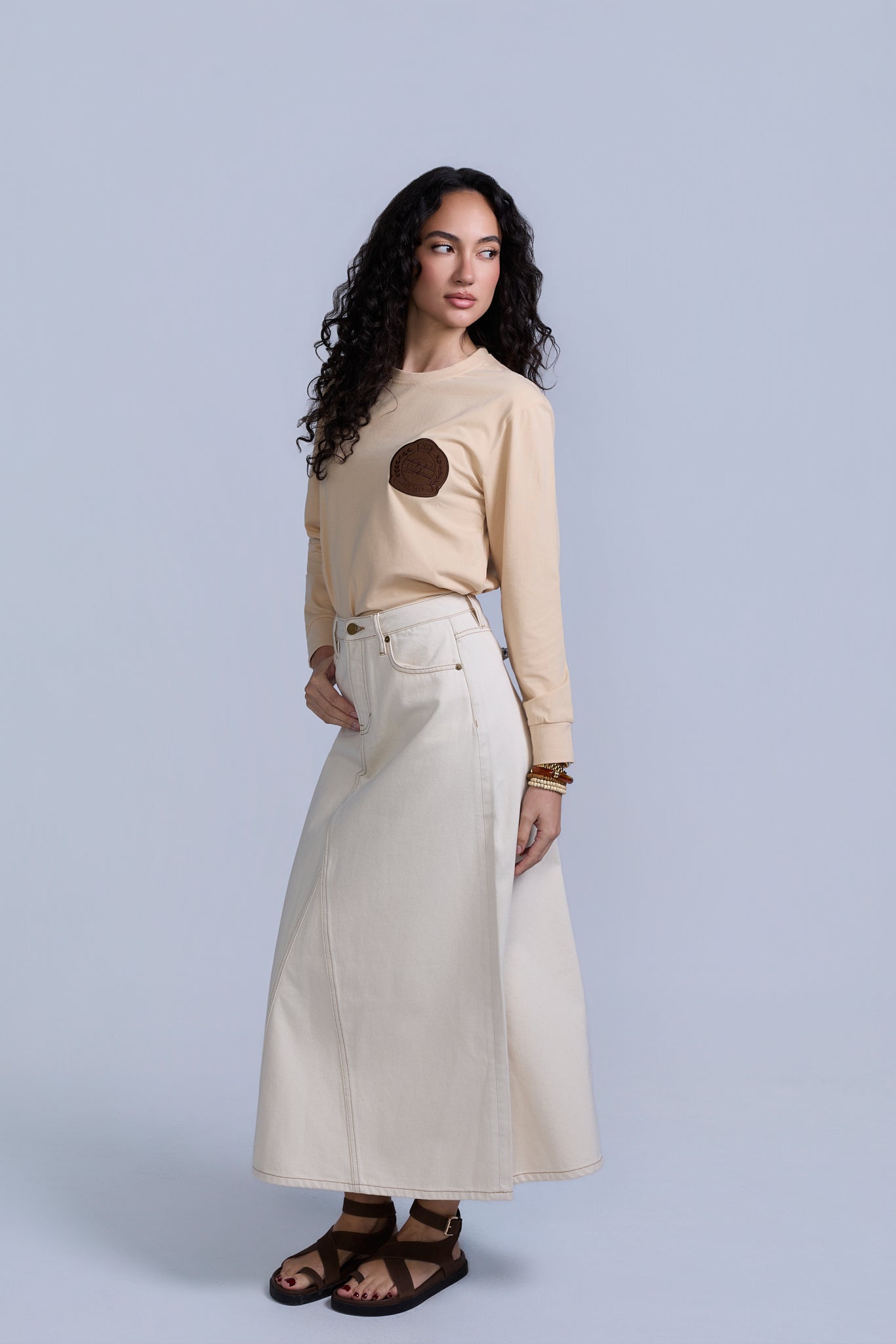 Tan Flared Denim Skirt