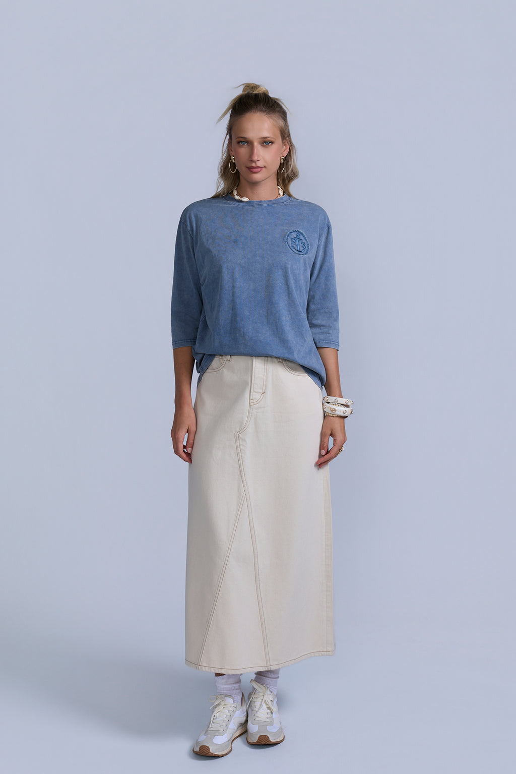 Tan Flared Denim Skirt