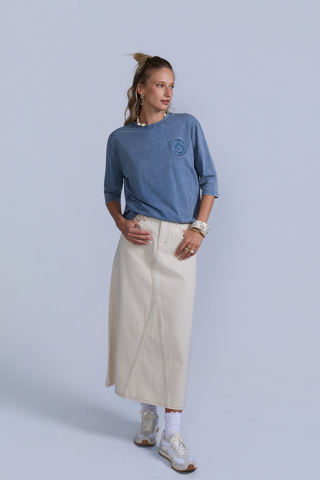 Tan Flared Denim Skirt