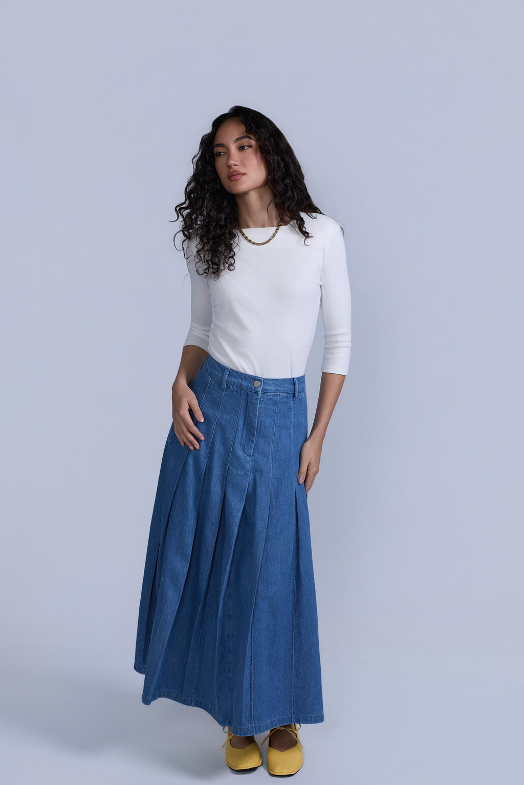 Pleated Denim Skirt