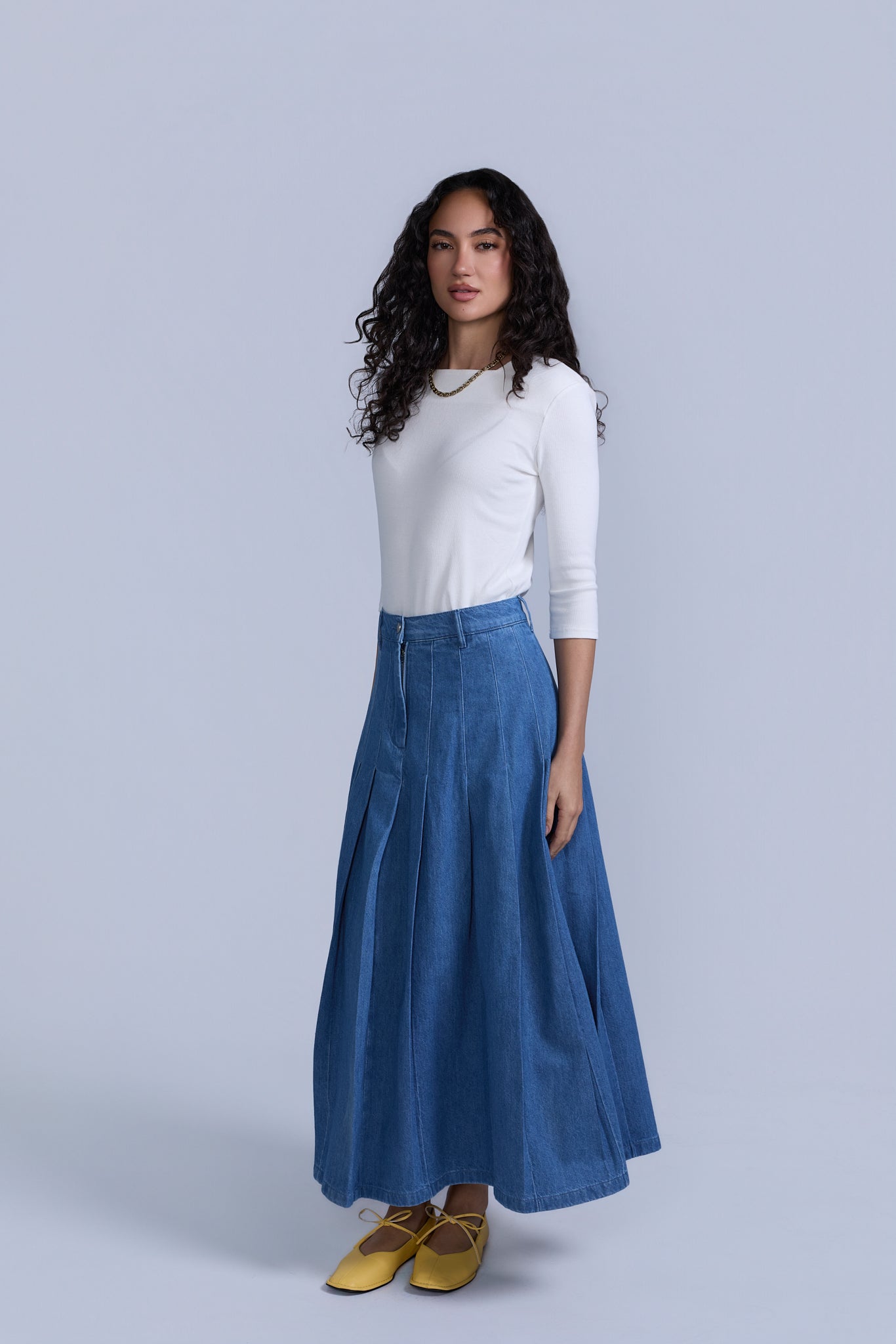 Pleated Denim Skirt