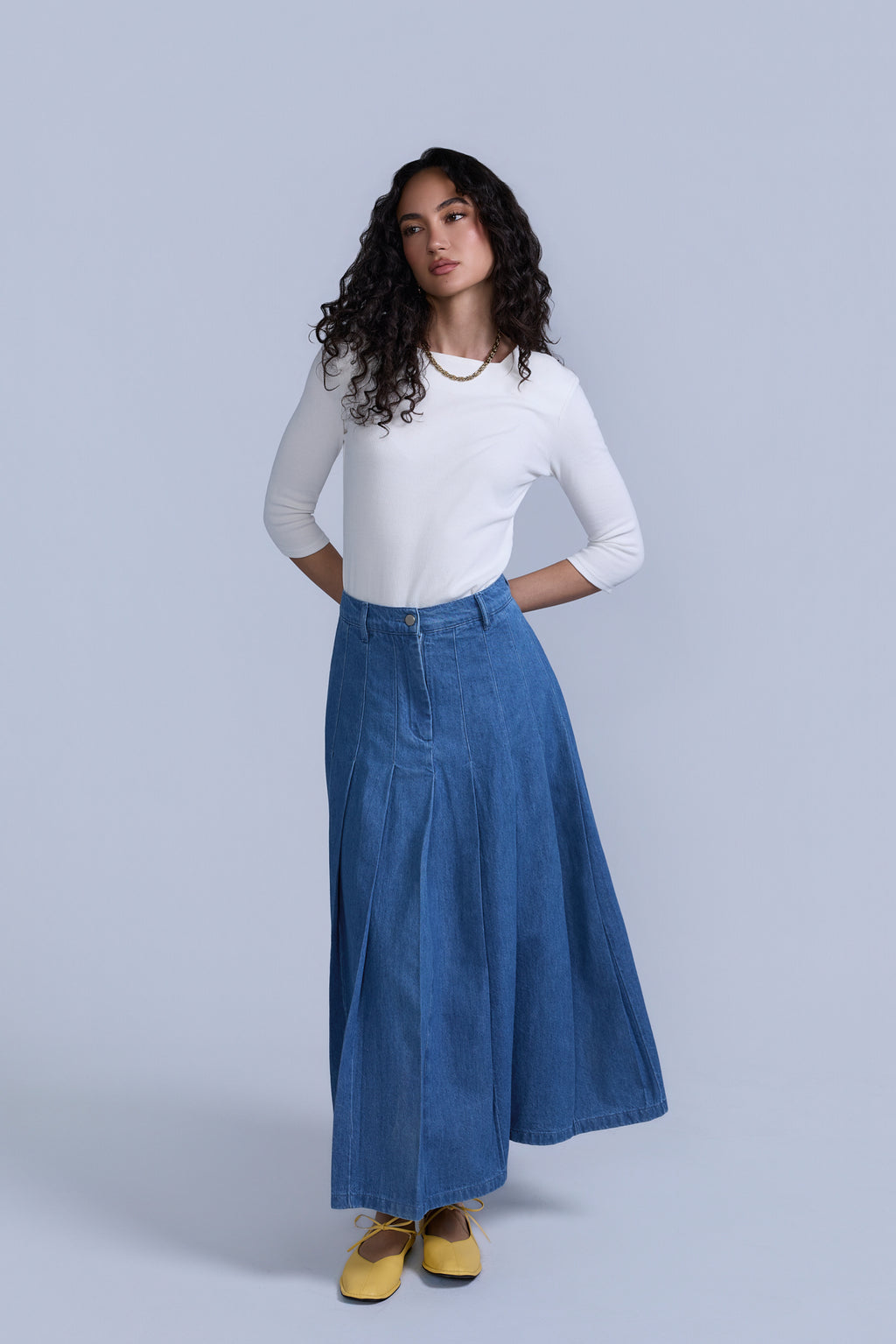 Pleated Denim Skirt