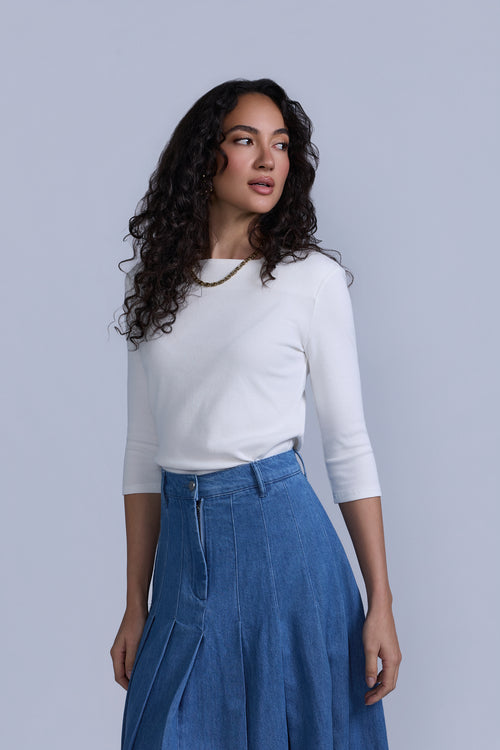 Square Neck Ribbed Tee - White