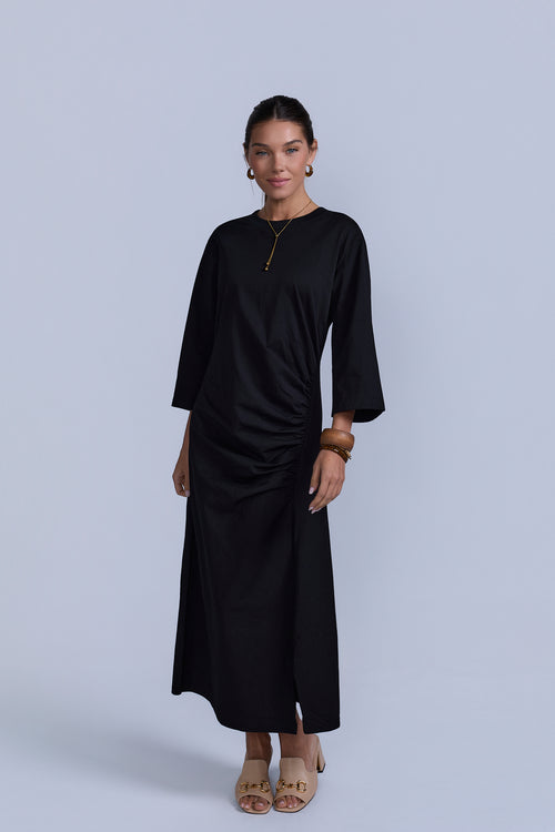 Ruched Cotton T-Shirt Dress - Black