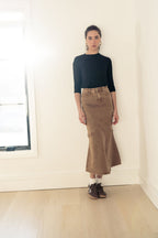 ALINE BROWN DENIM SKIRT WITH LEATHER PATCH