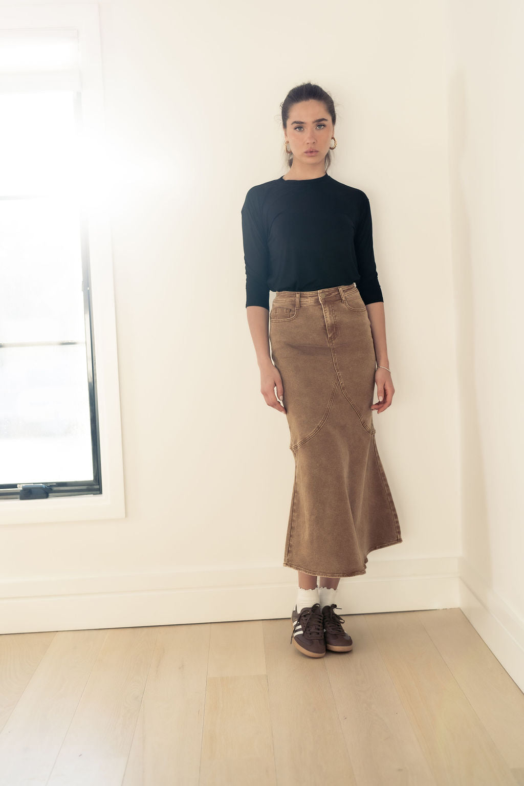 ALINE BROWN DENIM SKIRT WITH LEATHER PATCH