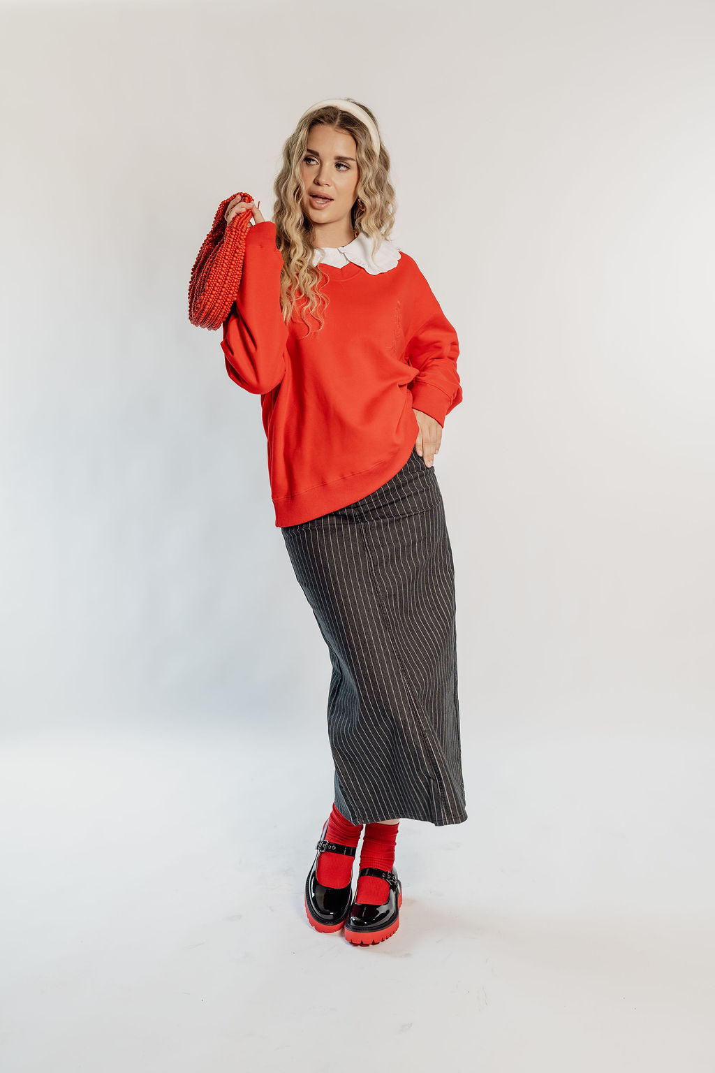 PINSTRIPE DENIM SKIRT