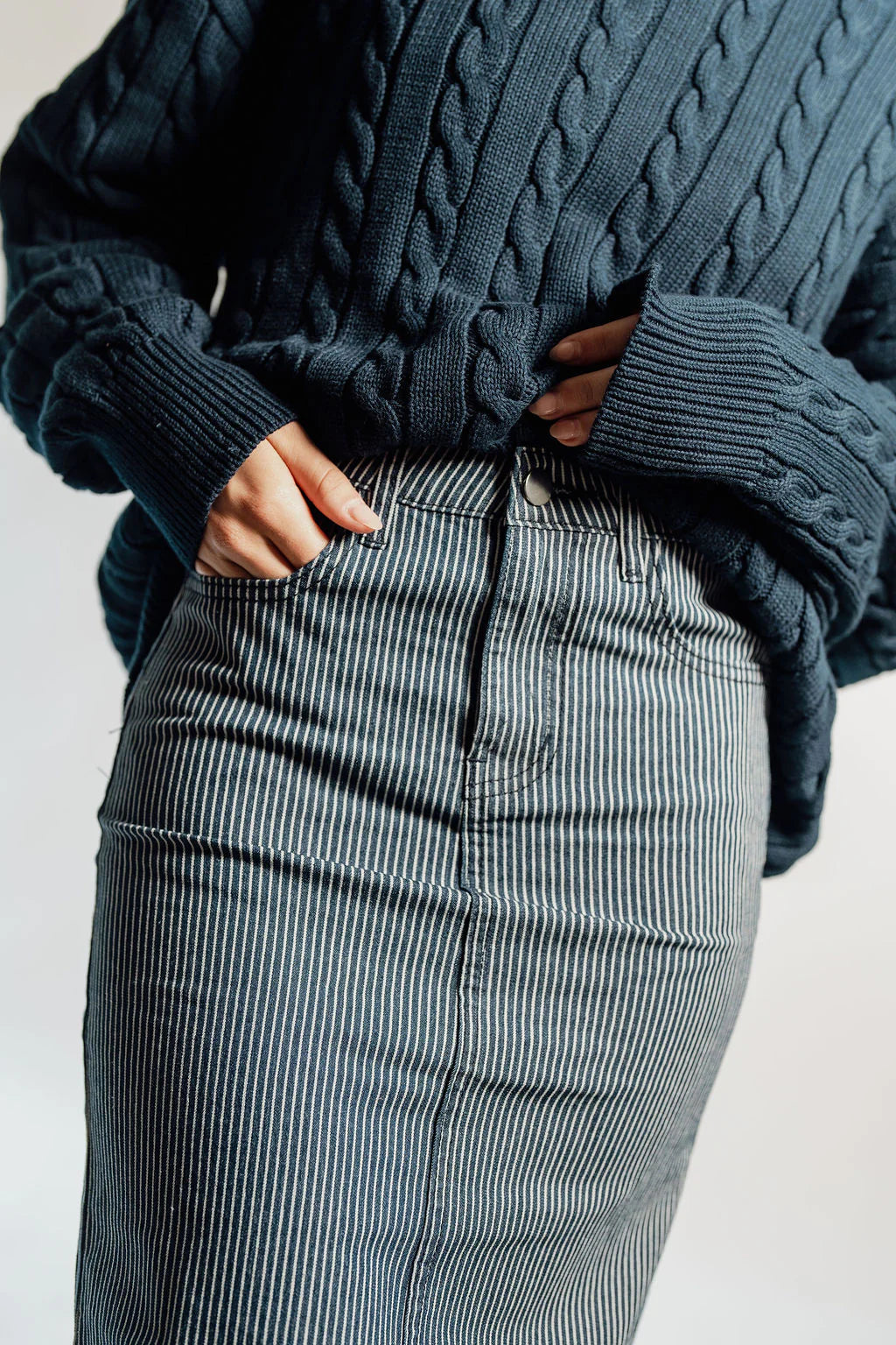 PINSTRIPE DENIM SKIRT