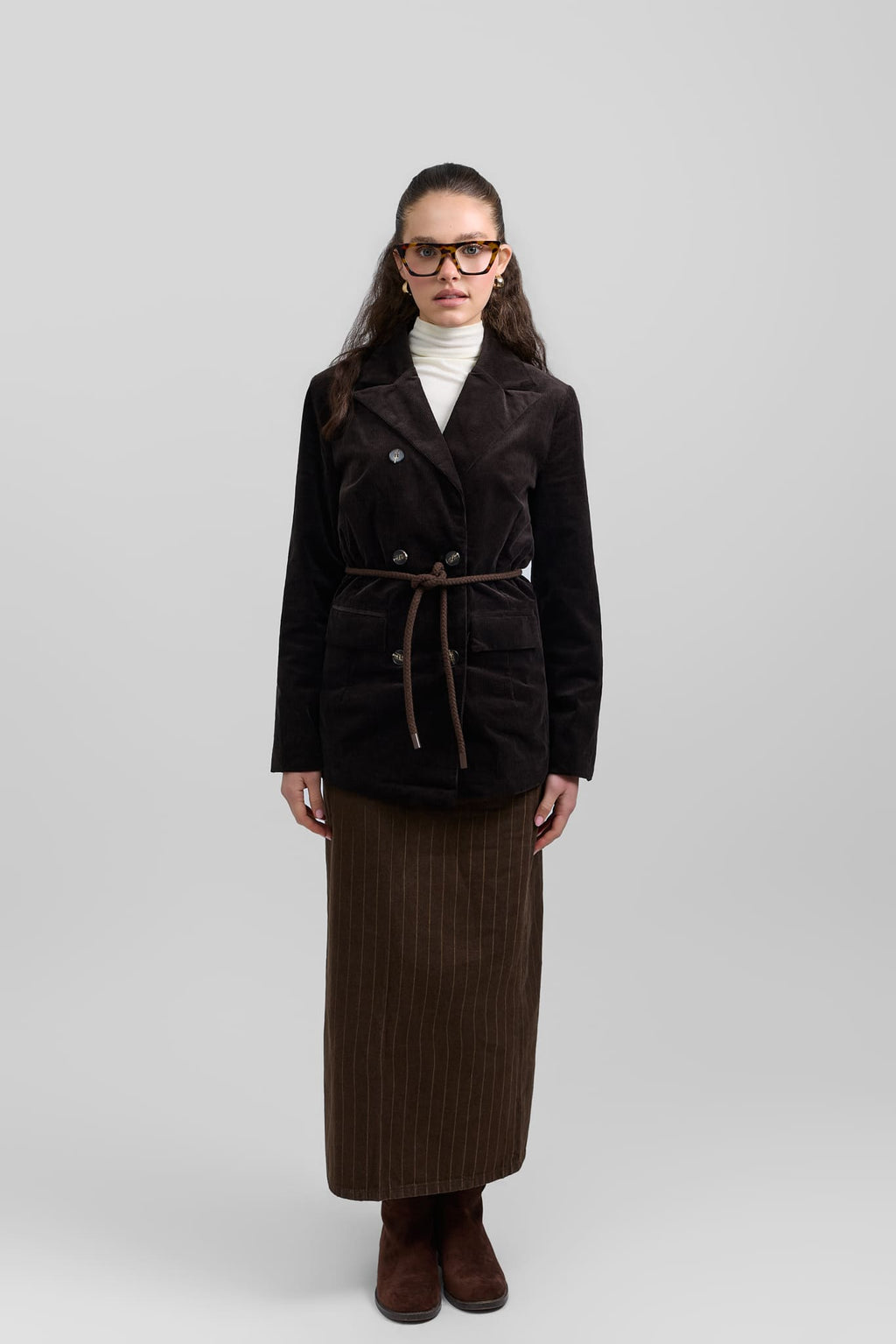 Belted pinstripe skirt