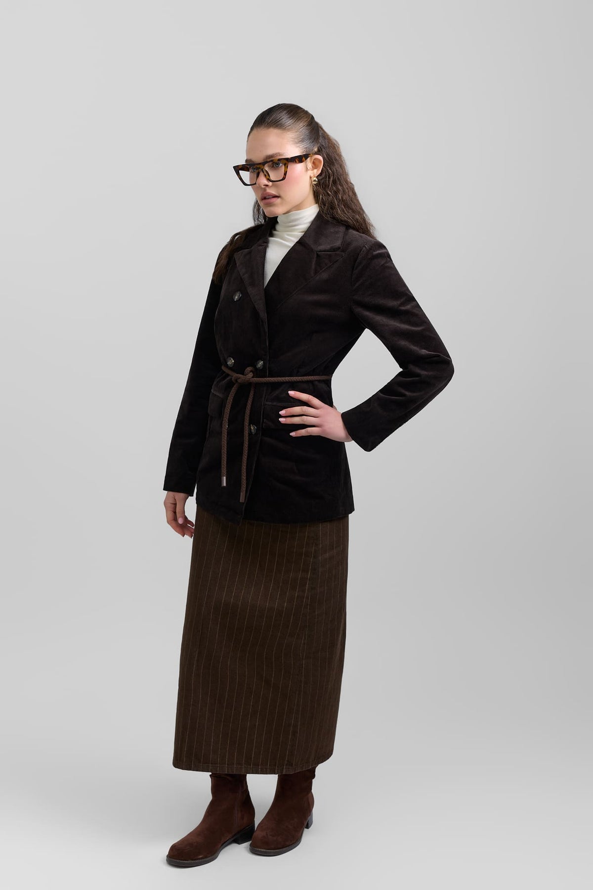 Belted pinstripe skirt