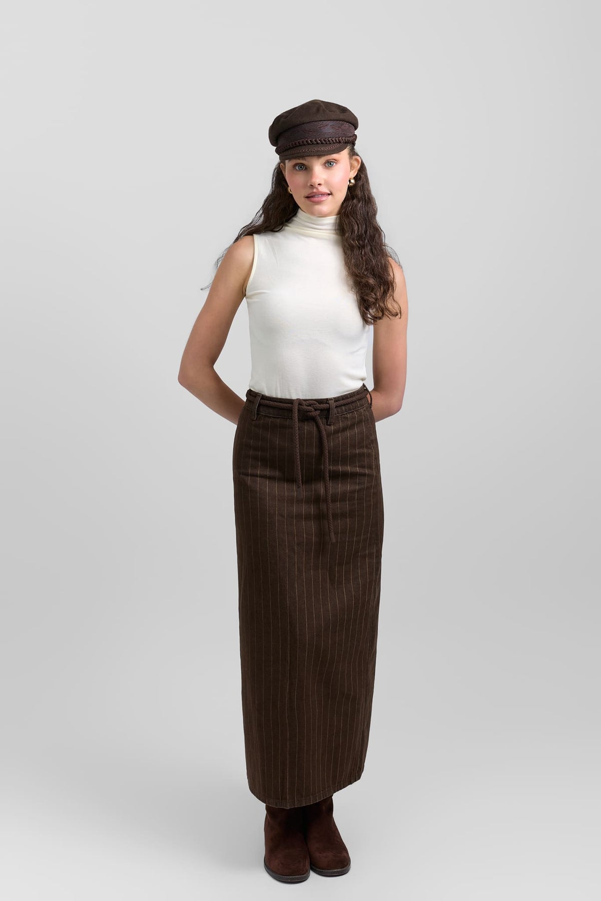 Belted pinstripe skirt