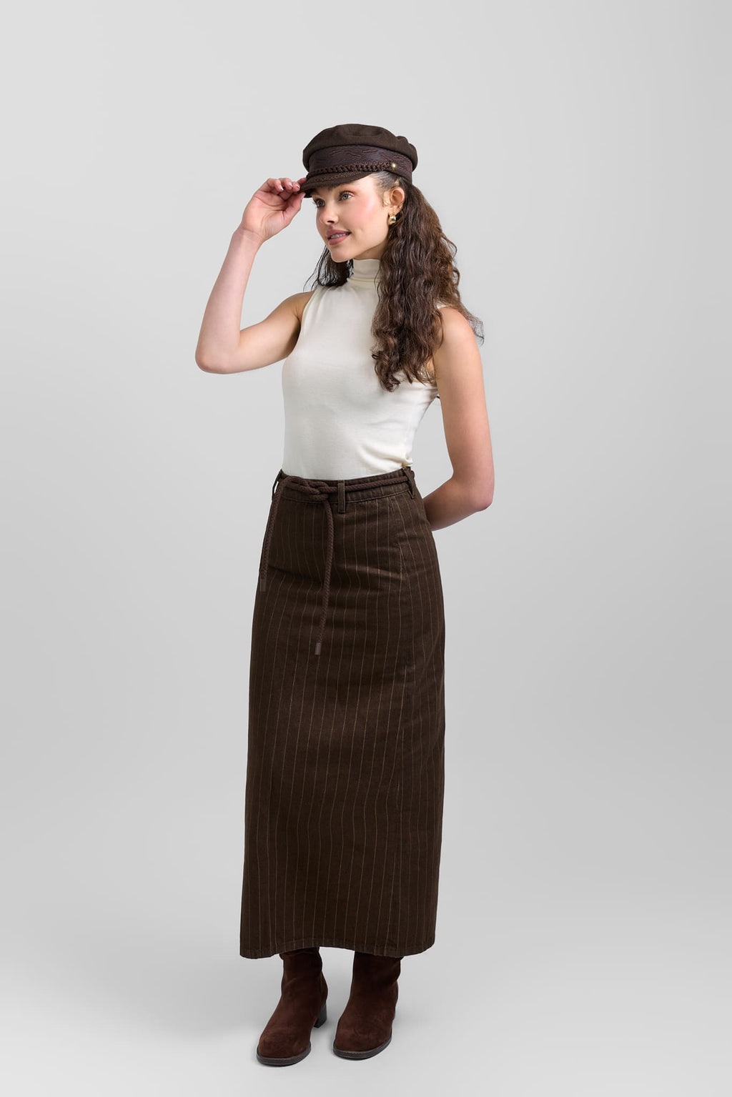 Belted pinstripe skirt