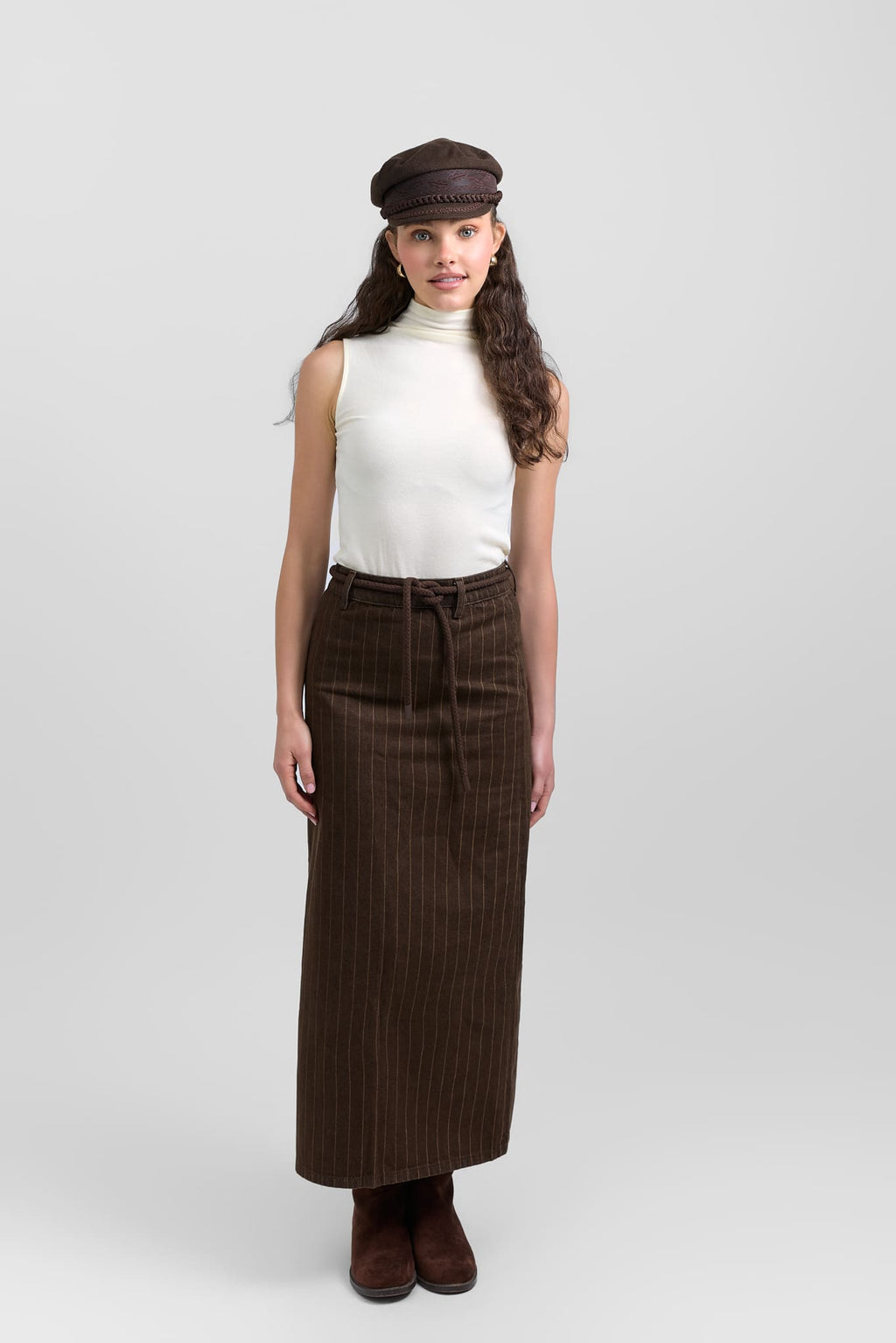 Belted pinstripe skirt