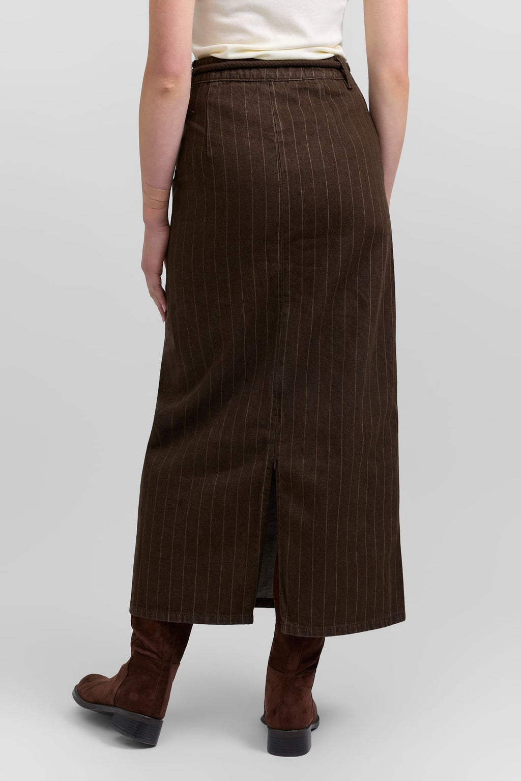 Belted pinstripe skirt
