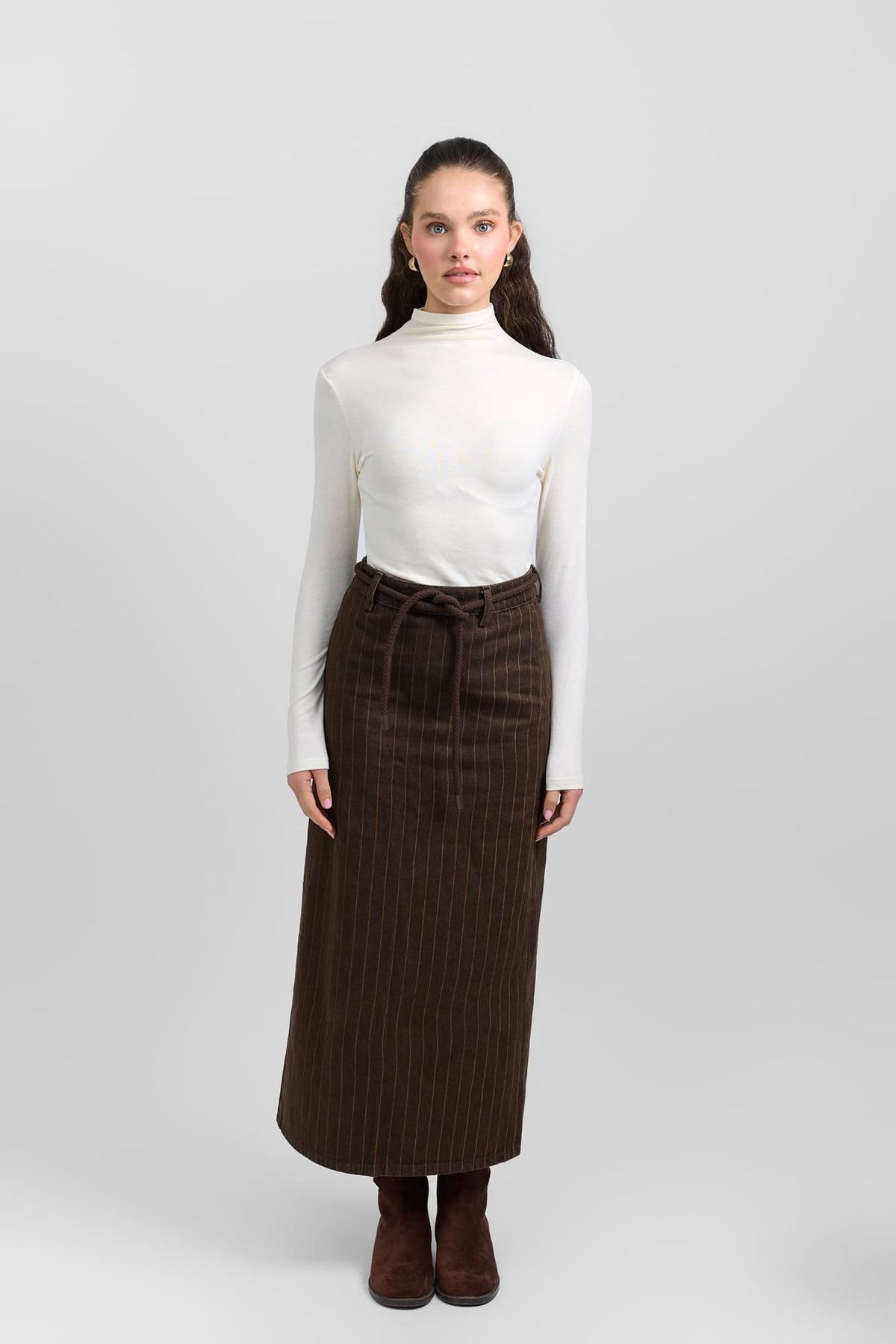 Belted pinstripe skirt