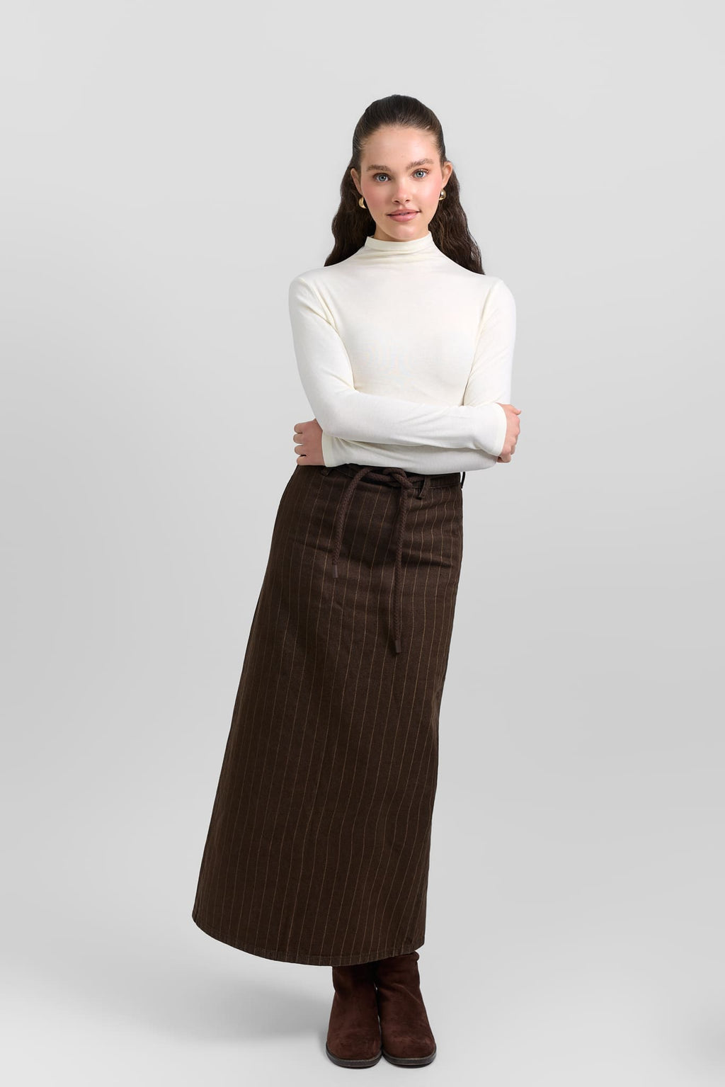 Belted pinstripe skirt
