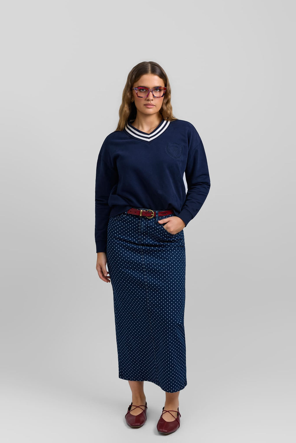 Polka dot denim skirt