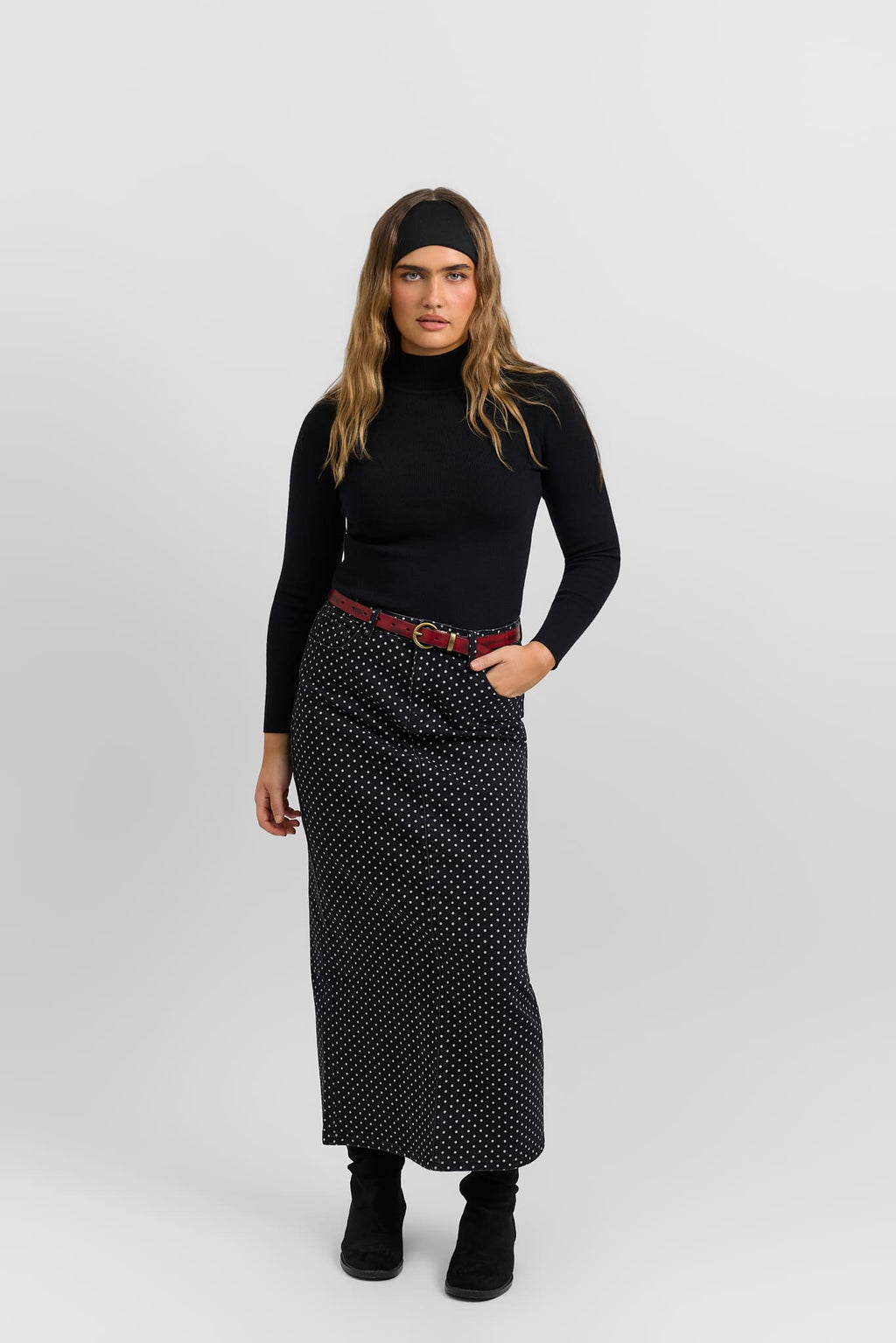 Polka dot denim skirt