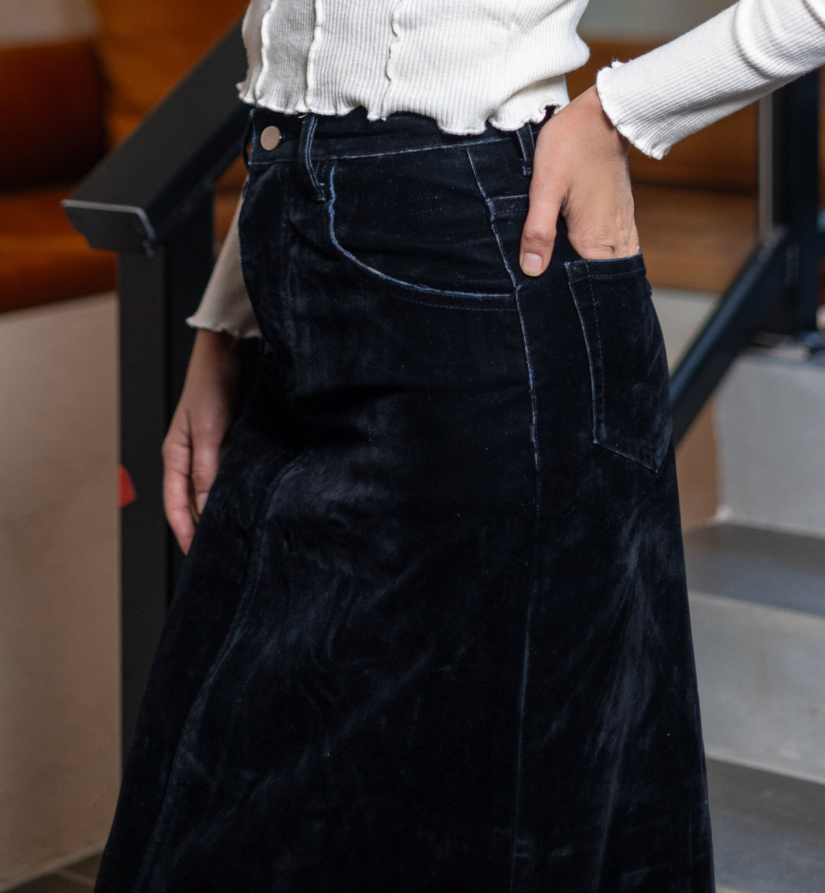 Flared Velvet Denim Midi Skirt