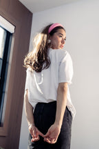 ALINE BLACK DENIM SKIRT WITH LEATHER PATCH