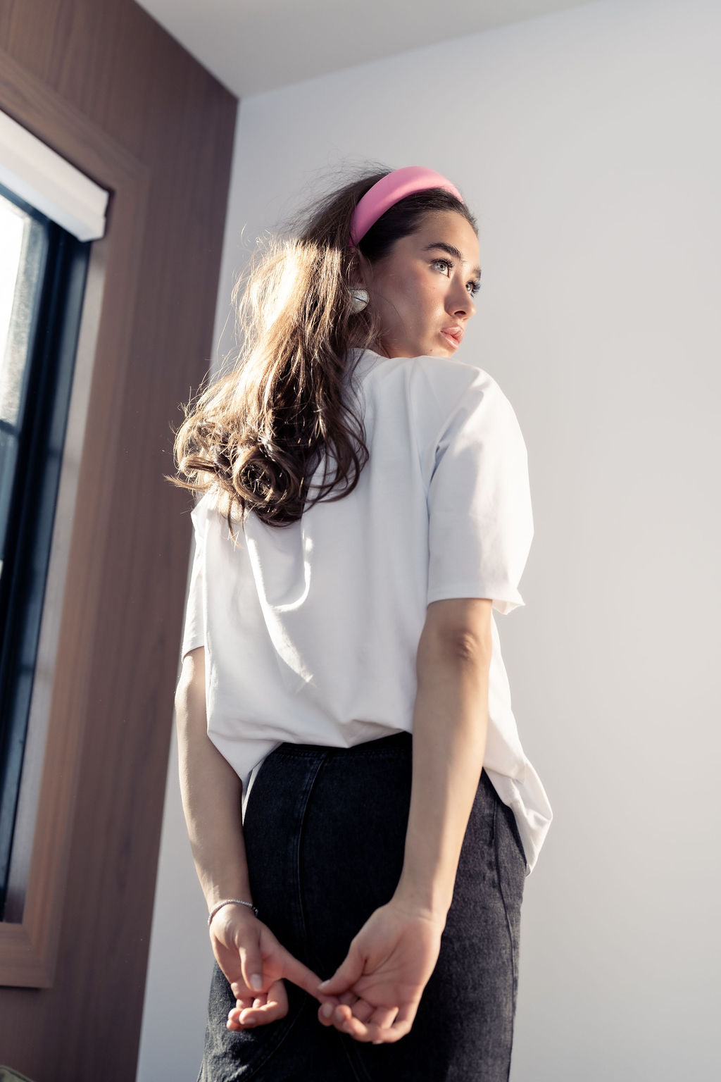 ALINE BLACK DENIM SKIRT WITH LEATHER PATCH