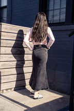 ALINE BLACK DENIM SKIRT WITH LEATHER PATCH