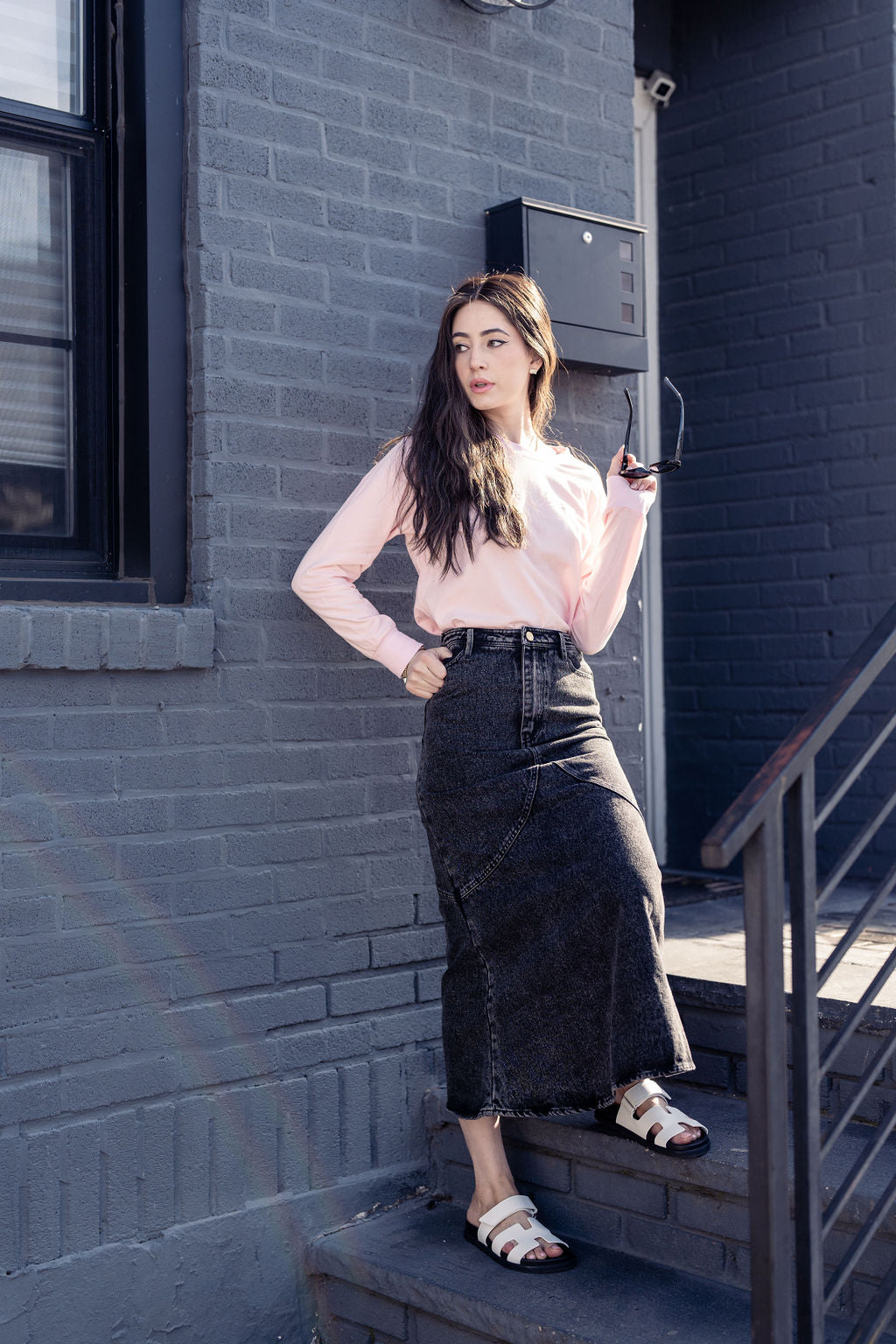 ALINE BLACK DENIM SKIRT WITH LEATHER PATCH