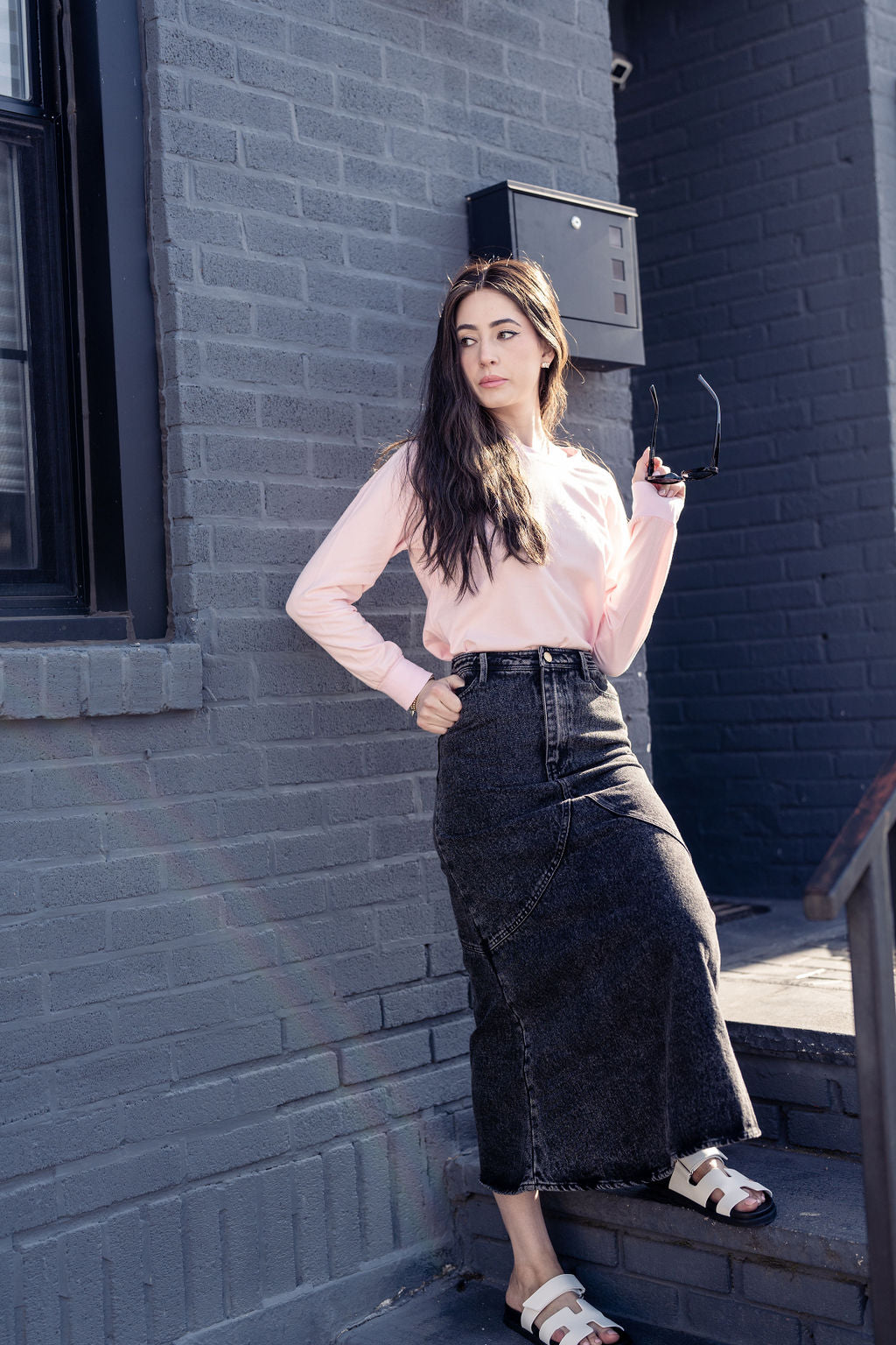 ALINE BLACK DENIM SKIRT WITH LEATHER PATCH
