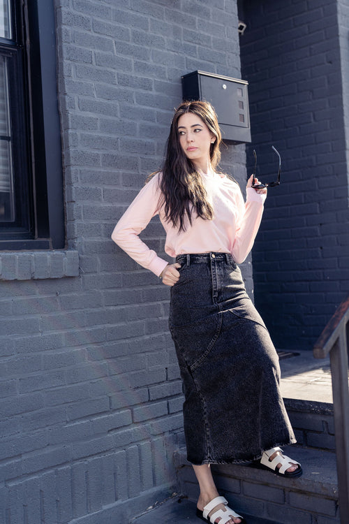 ALINE BLACK DENIM SKIRT WITH LEATHER PATCH