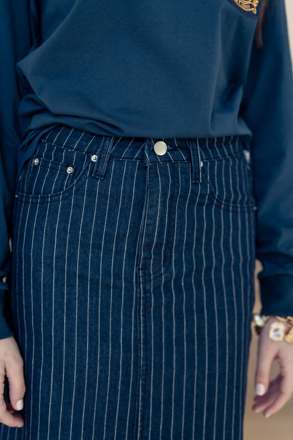 PINSTRIPE DENIM SKIRT