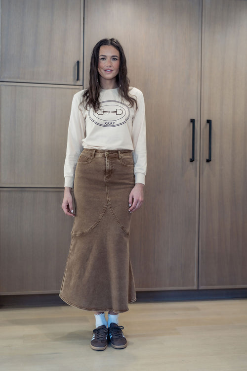 ALINE BROWN DENIM SKIRT WITH LEATHER PATCH