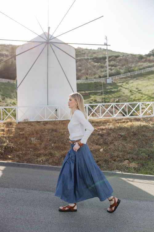 Pleated Denim Skirt - Denim