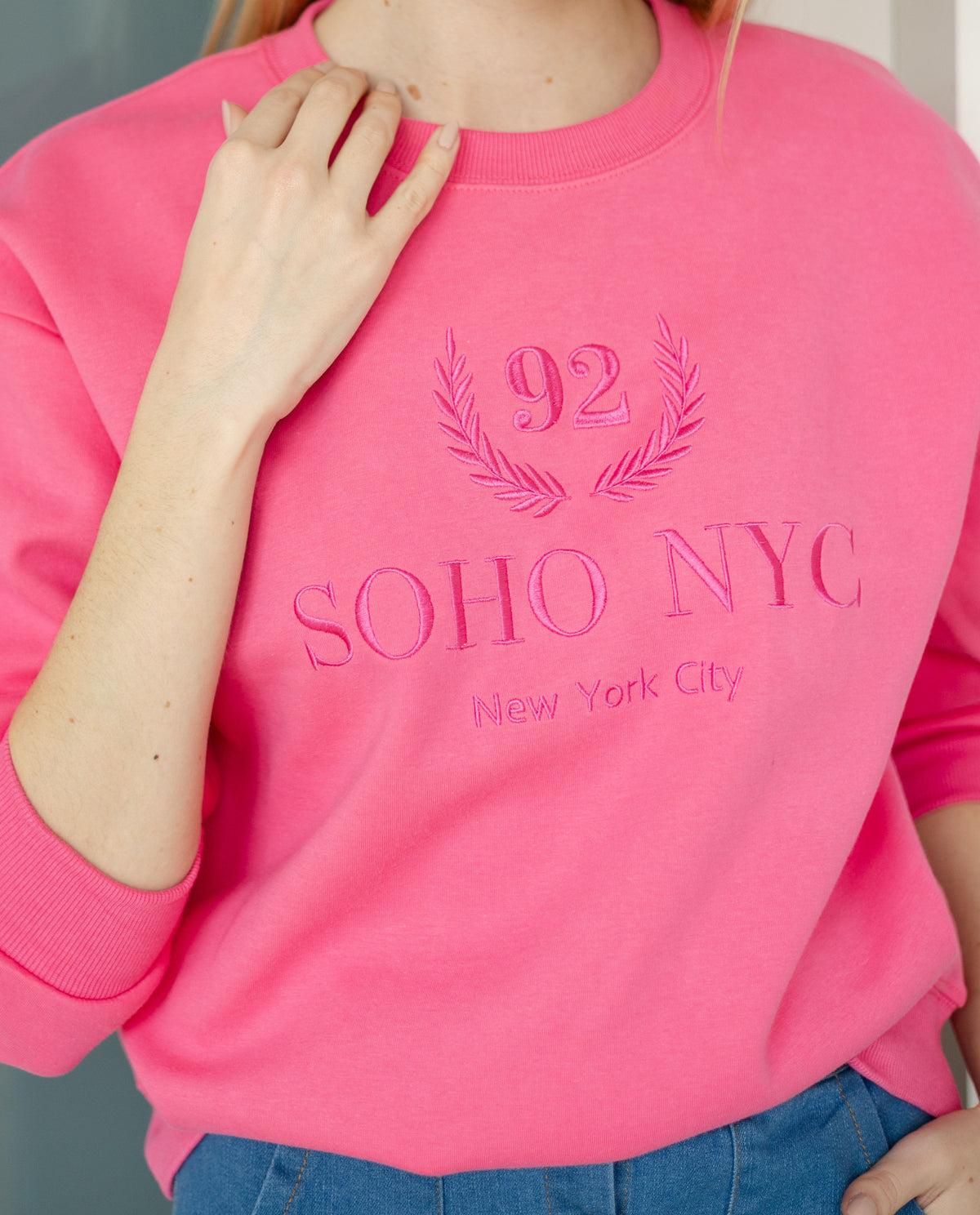 Hot Pink Embroidered Crewneck