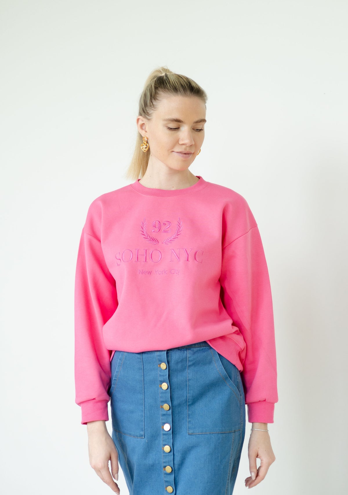 Hot Pink Embroidered Crewneck